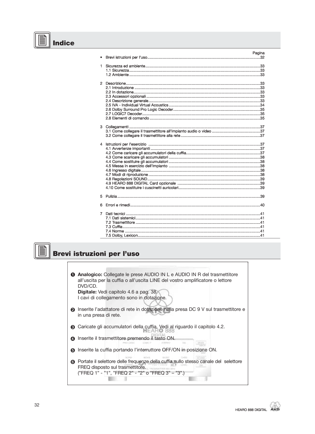 AKG Acoustics HEARO 888 specifications Indice, Brevi istruzioni per l’uso 
