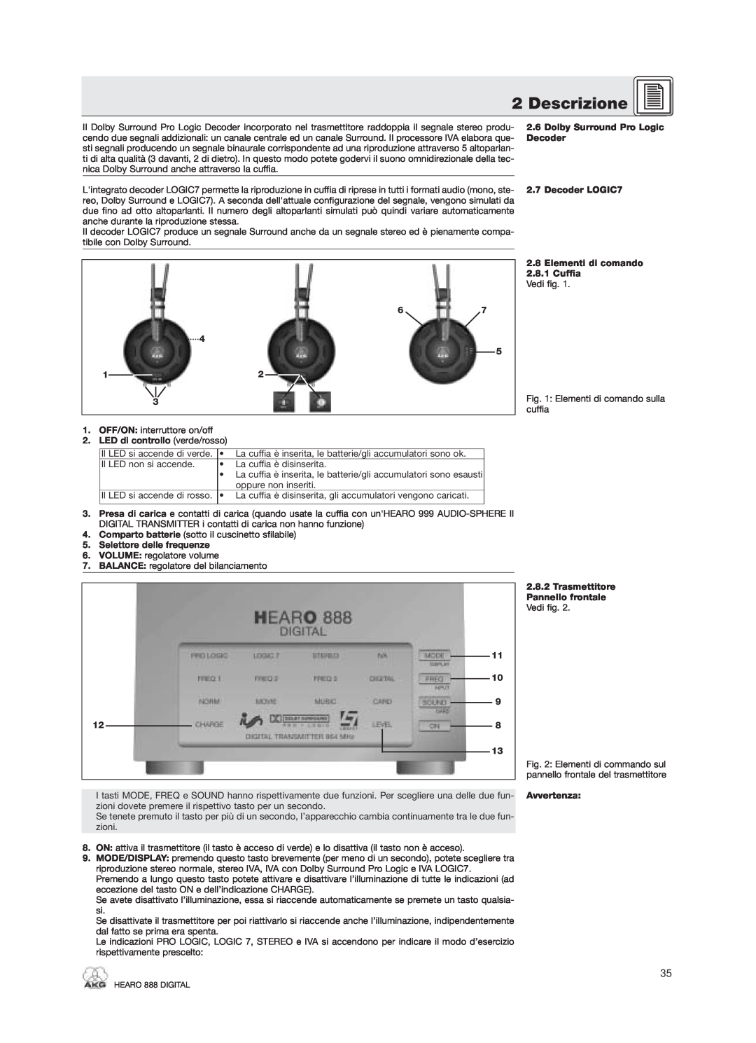 AKG Acoustics HEARO 888 specifications Descrizione, Dolby Surround Pro Logic 