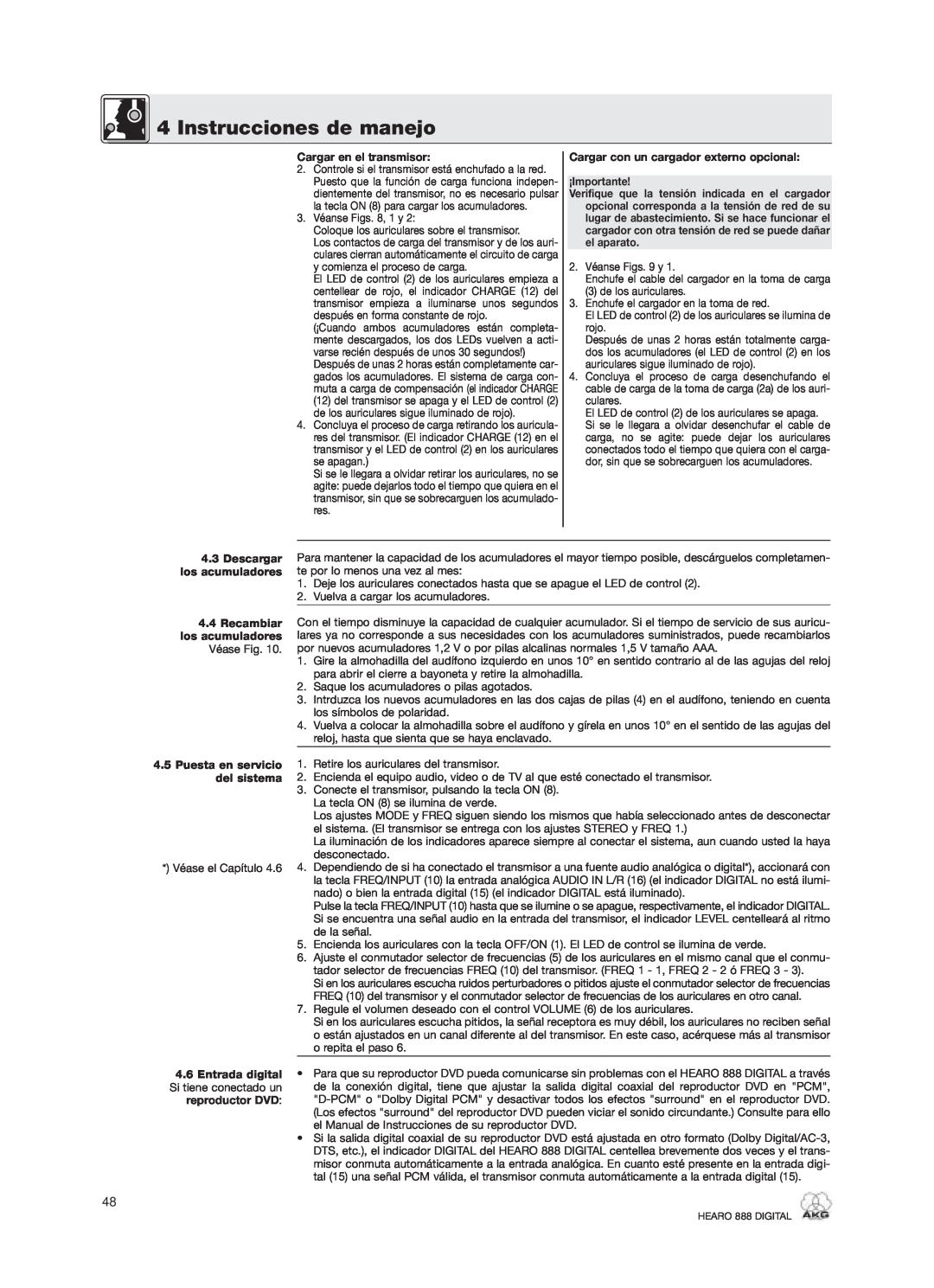 AKG Acoustics HEARO 888 Instrucciones de manejo, Cargar en el transmisor, Cargar con un cargador externo opcional 