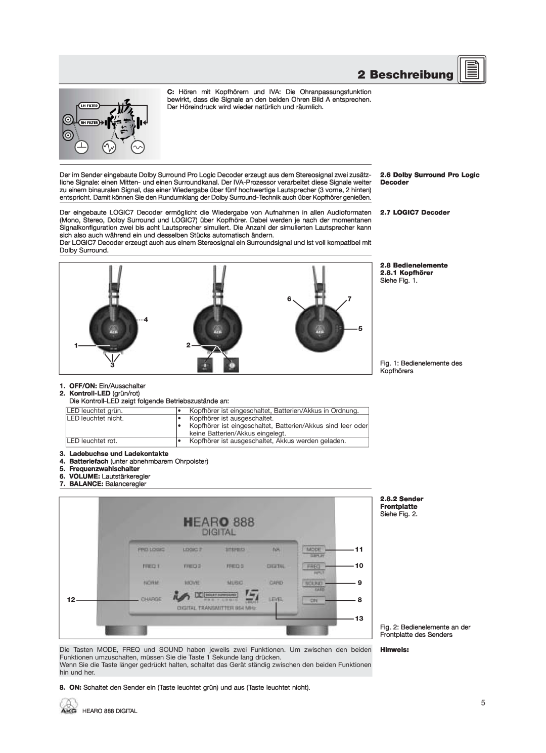 AKG Acoustics HEARO 888 specifications Beschreibung, Dolby Surround Pro Logic 