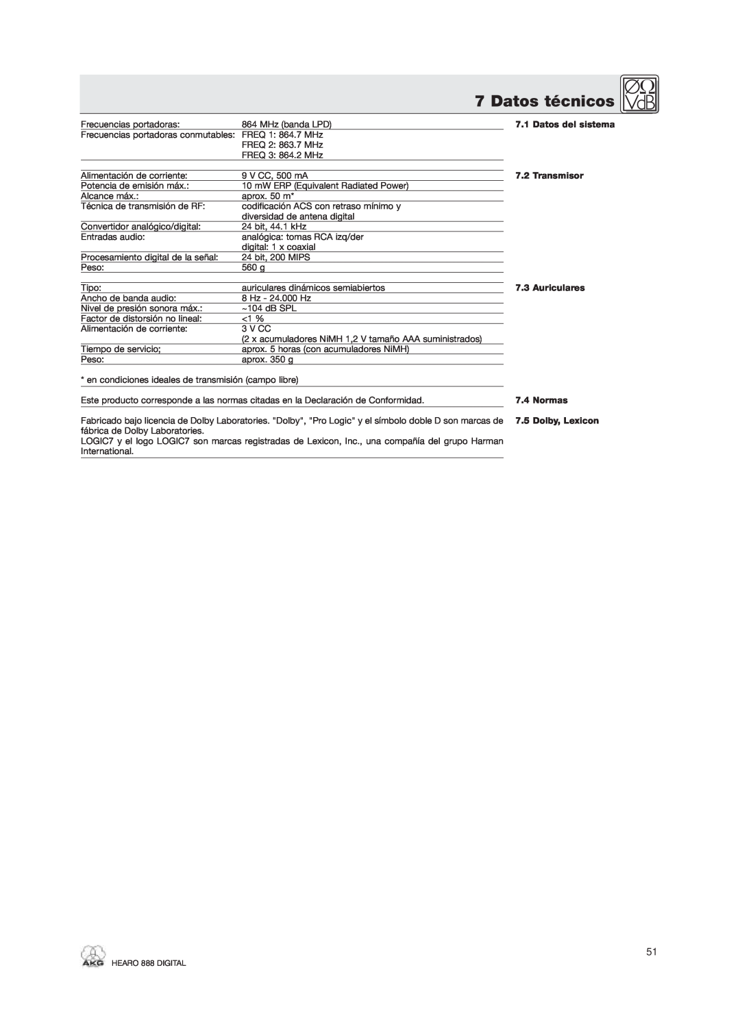AKG Acoustics HEARO 888 specifications Datos técnicos, Datos del sistema, Transmisor, Auriculares, Normas, Dolby, Lexicon 