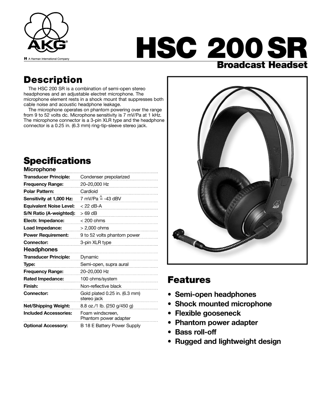 AKG Acoustics HSC 200 SR specifications Broadcast Headset Description, Specifications, Features, Microphone, Headphones 