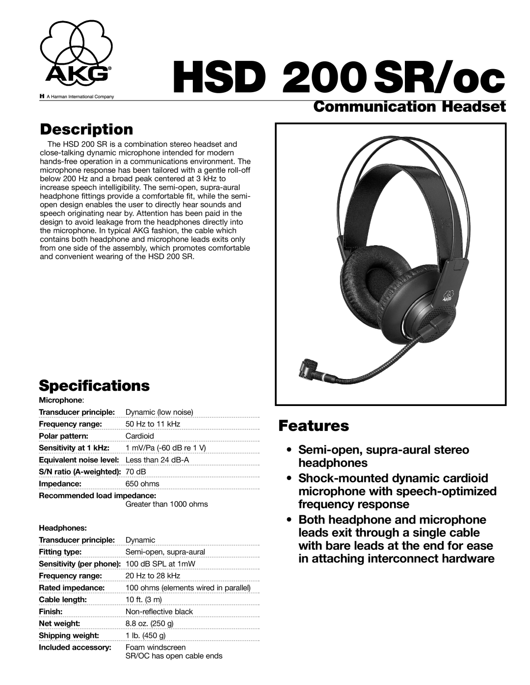 AKG Acoustics HSD 200 SR/oc specifications HSD 200SR/oc, Communication Headset Description, Specifications, Features 