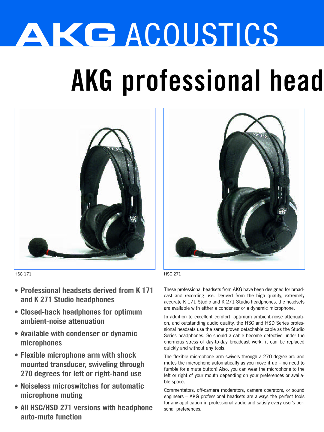 AKG Acoustics HSD Series, HSC Series manual AKG professional head, Available with condenser or dynamic microphones 