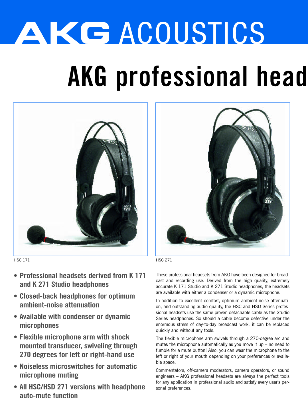 AKG Acoustics HSD Series, HSC Series manual AKG professional head 