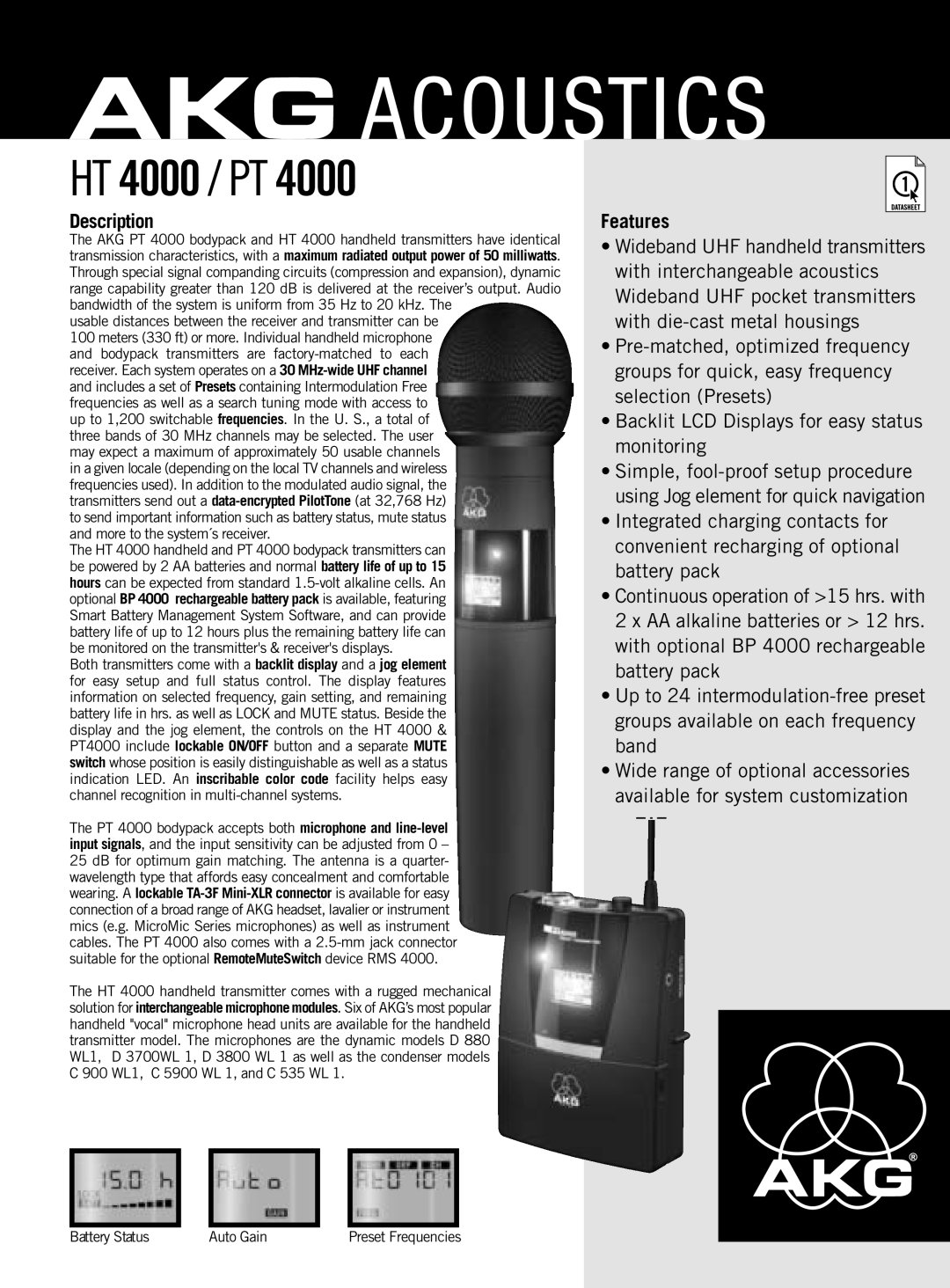 AKG Acoustics PT 4000 manual HT 4000 / PT, Description, Features 