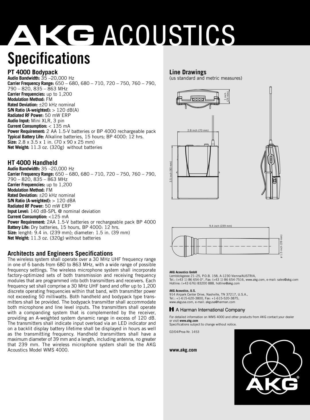 AKG Acoustics manual PT 4000 Bodypack, HT 4000 Handheld, Architects and Engineers Specifications, Line Drawings 