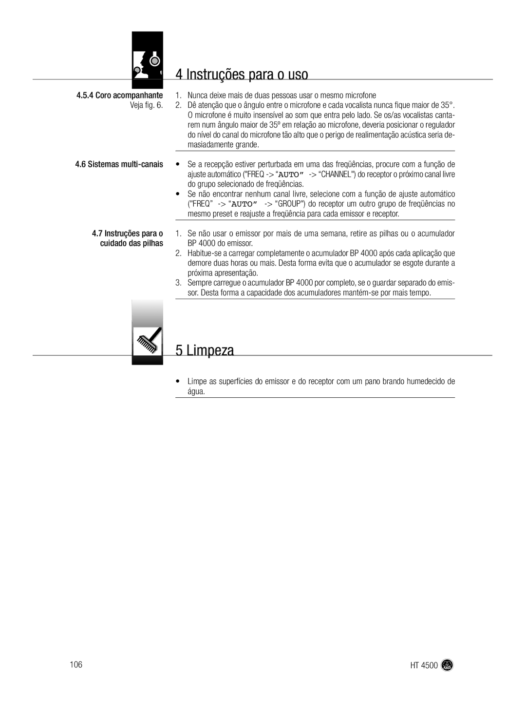 AKG Acoustics HT 4500 manual Limpeza, BP 4000 do emissor, Próxima apresentação 