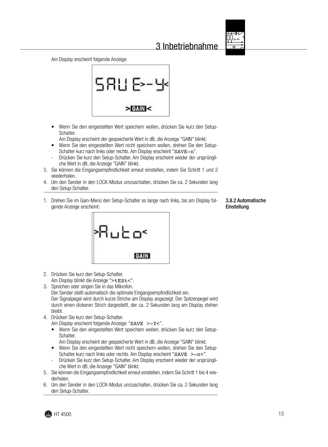 AKG Acoustics HT 4500 manual Che Wert in dB, die Anzeige Gain blinkt, Wiederholen, Den Setup-Schalter 