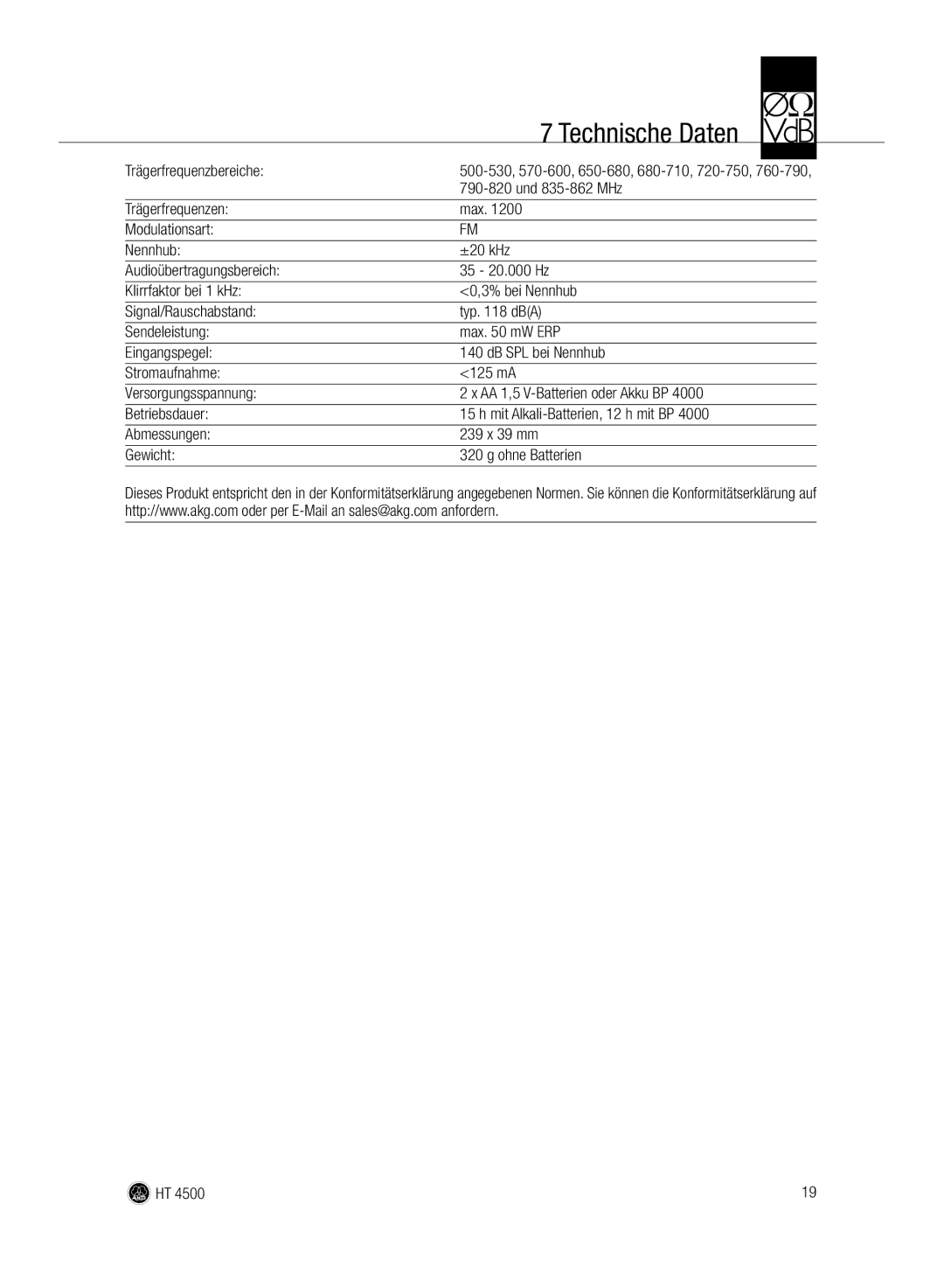 AKG Acoustics HT 4500 manual Technische Daten, Trägerfrequenzbereiche, Und 835-862 MHz 