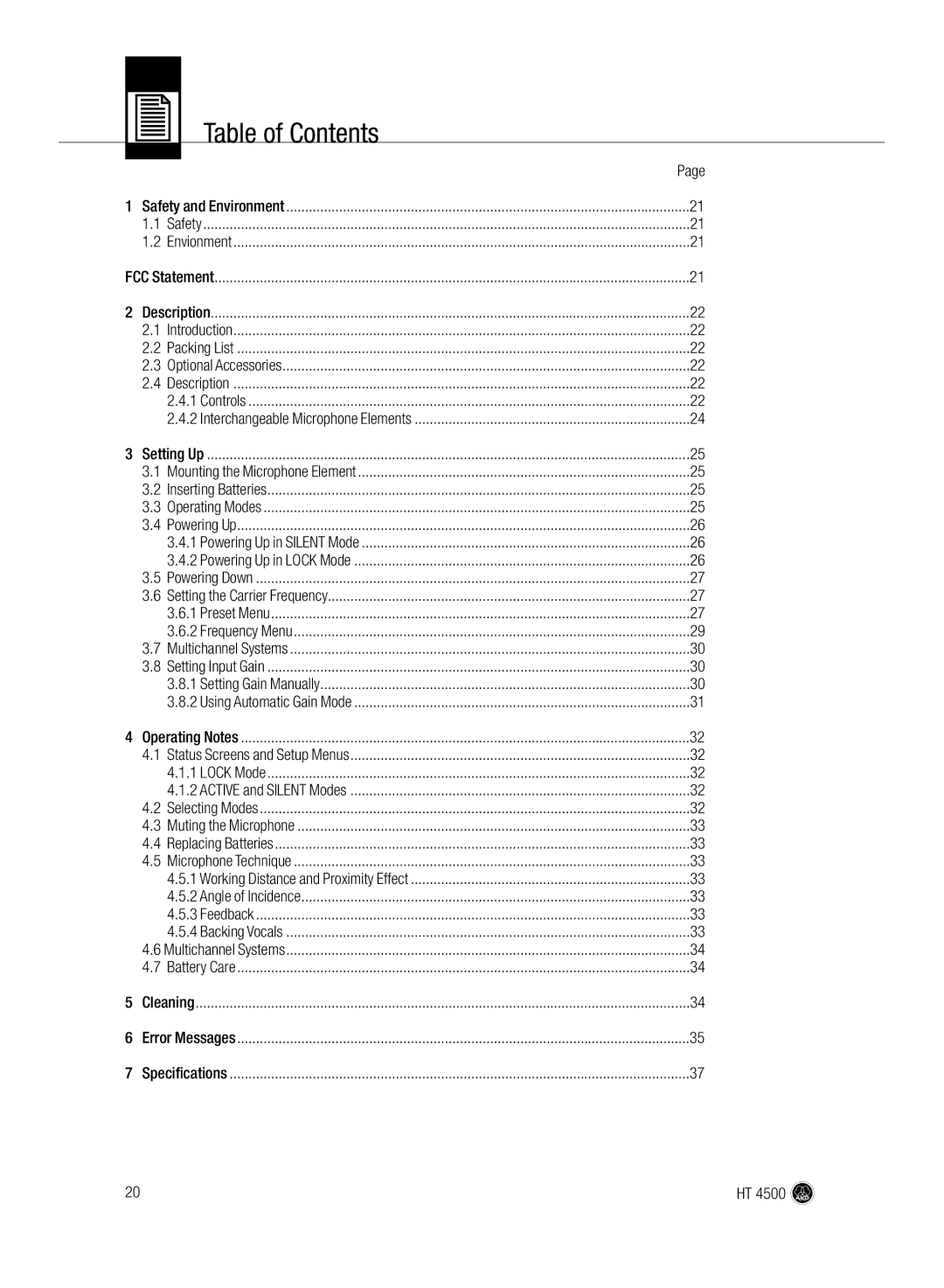 AKG Acoustics HT 4500 manual Table of Contents 