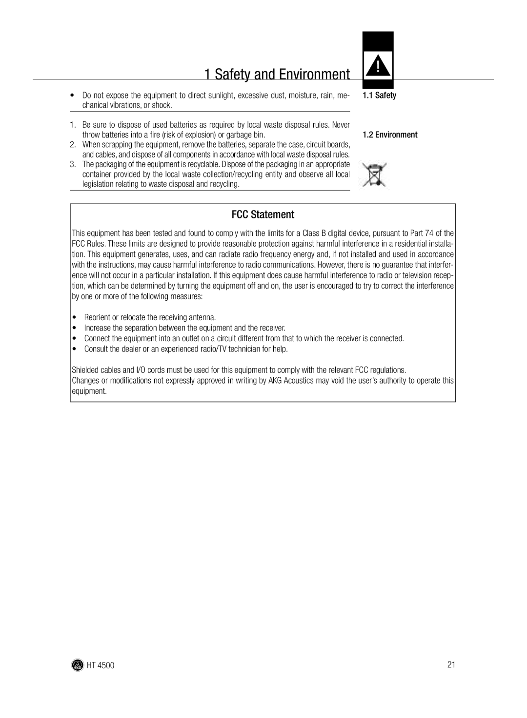 AKG Acoustics HT 4500 manual Safety and Environment, Safety Environment 