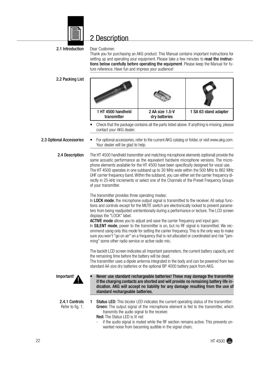 AKG Acoustics HT 4500 manual Description 