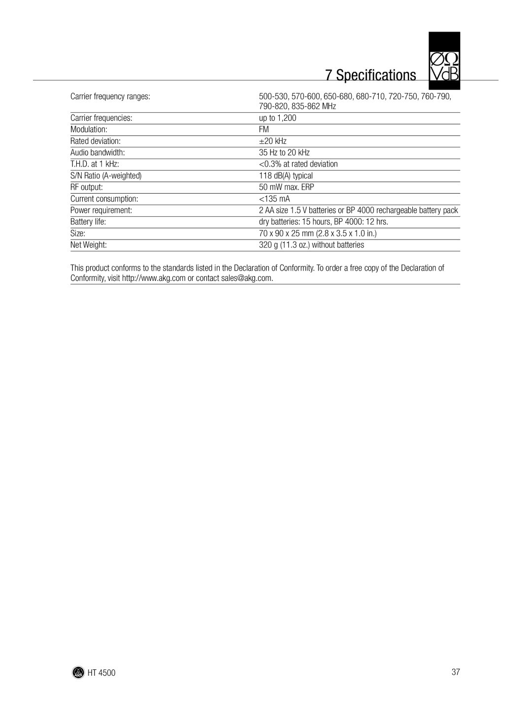 AKG Acoustics HT 4500 manual Carrier frequency ranges, 790-820, 835-862 MHz 