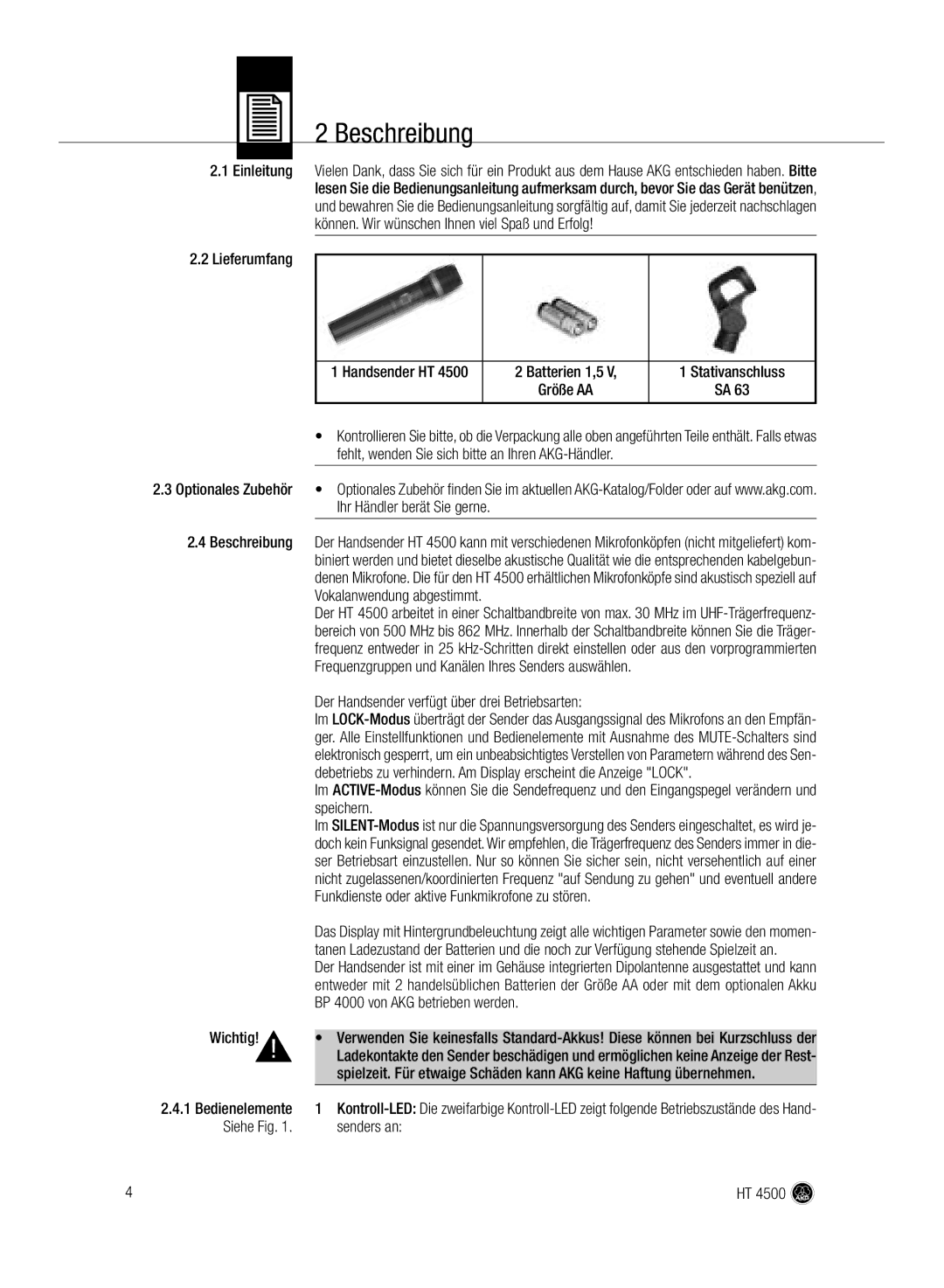 AKG Acoustics HT 4500 manual Beschreibung 