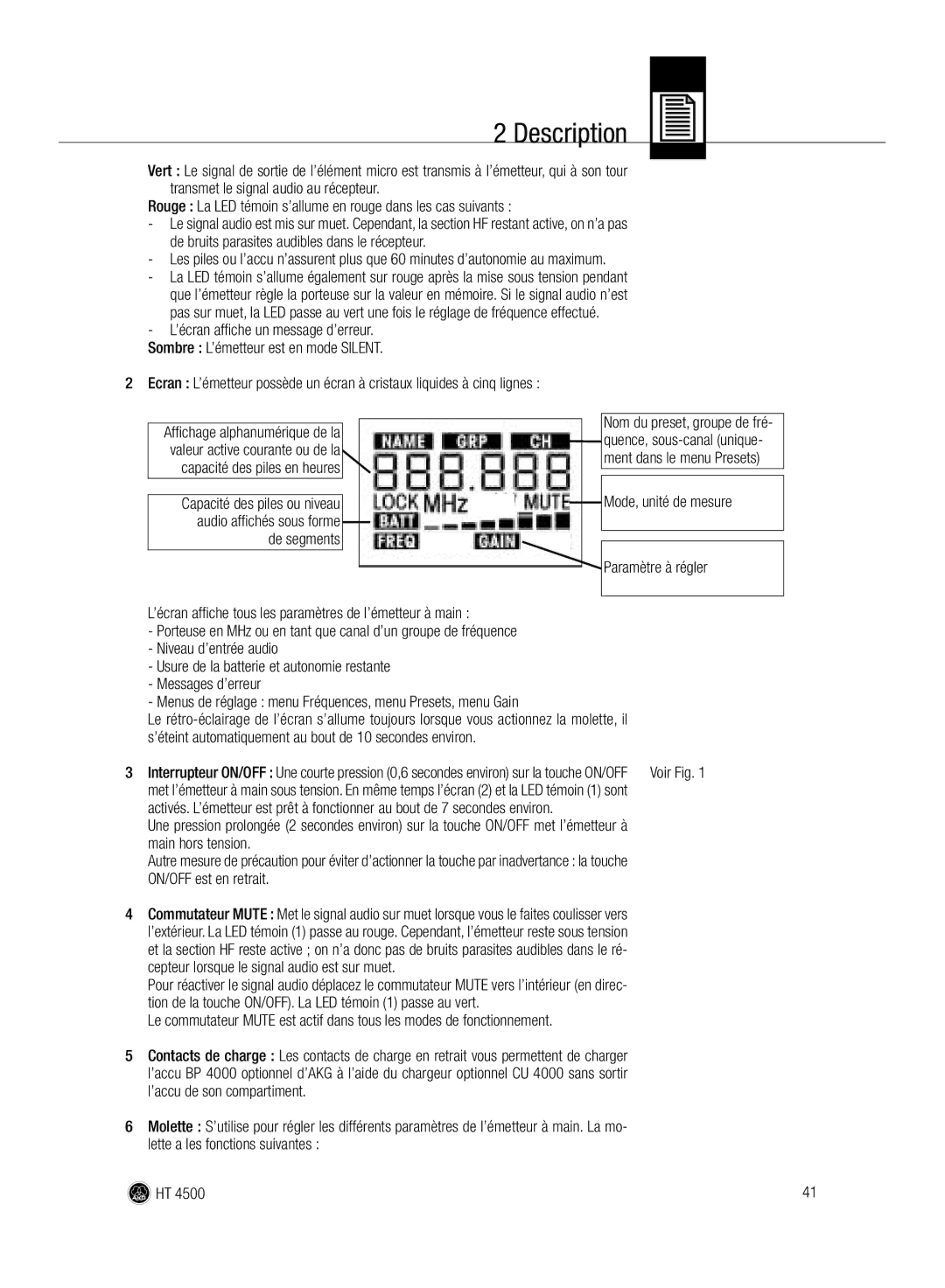 AKG Acoustics HT 4500 manual Main hors tension, ON/OFF est en retrait, Cepteur lorsque le signal audio est sur muet 
