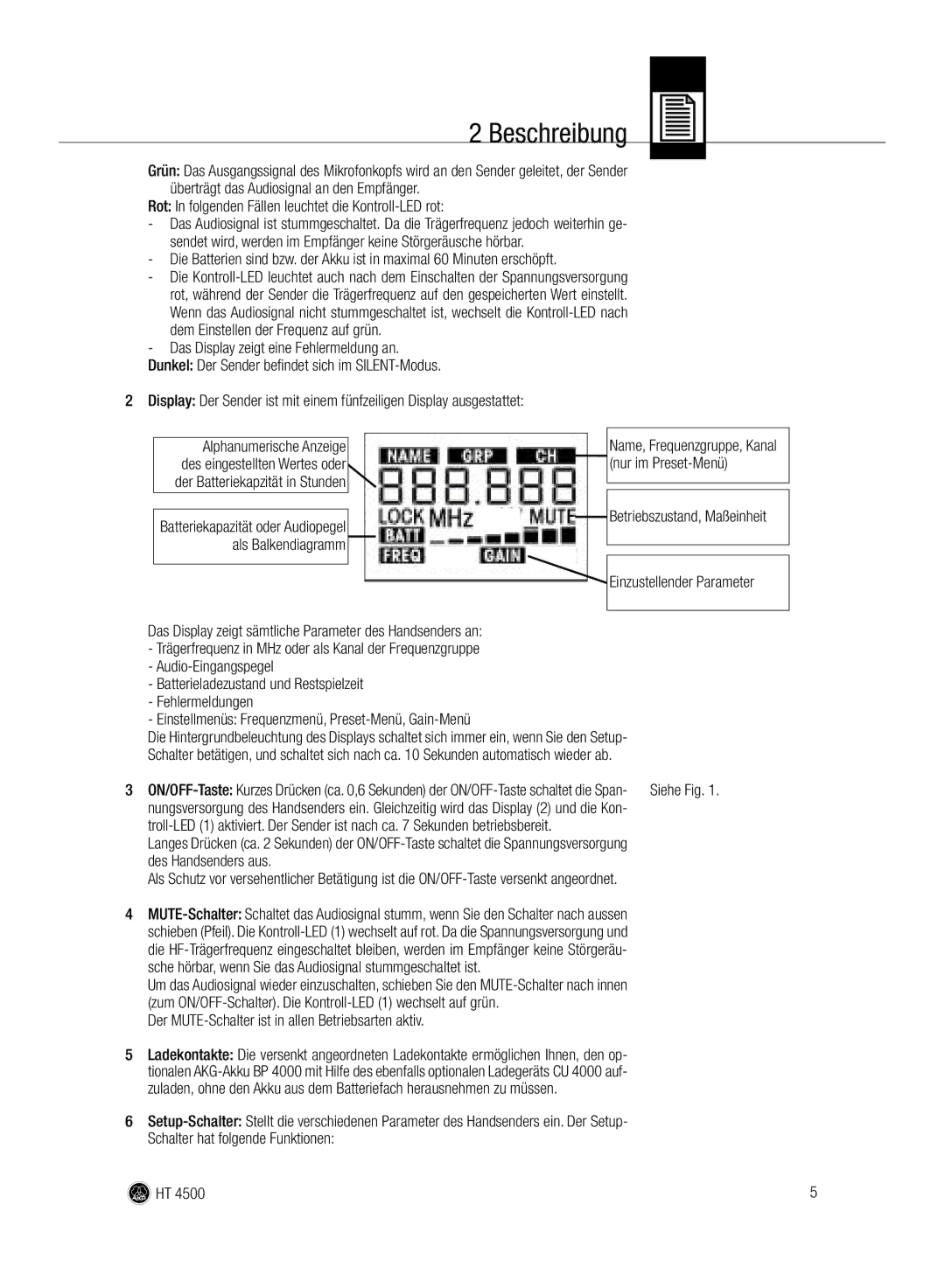 AKG Acoustics HT 4500 manual Des Handsenders aus, Der MUTE-Schalter ist in allen Betriebsarten aktiv 