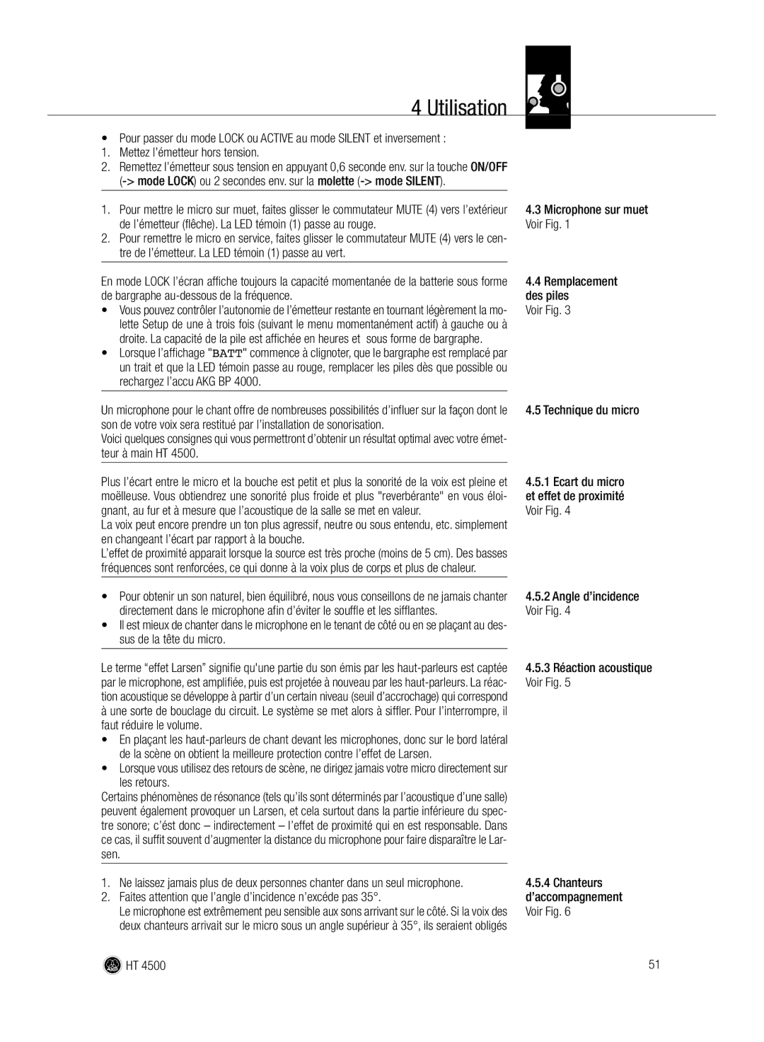 AKG Acoustics HT 4500 manual Mettez l’émetteur hors tension, Microphone sur muet, Remplacement, Rechargez l’accu AKG BP 