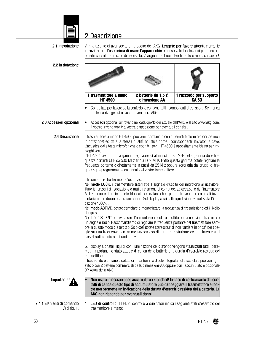 AKG Acoustics HT 4500 manual Descrizione 