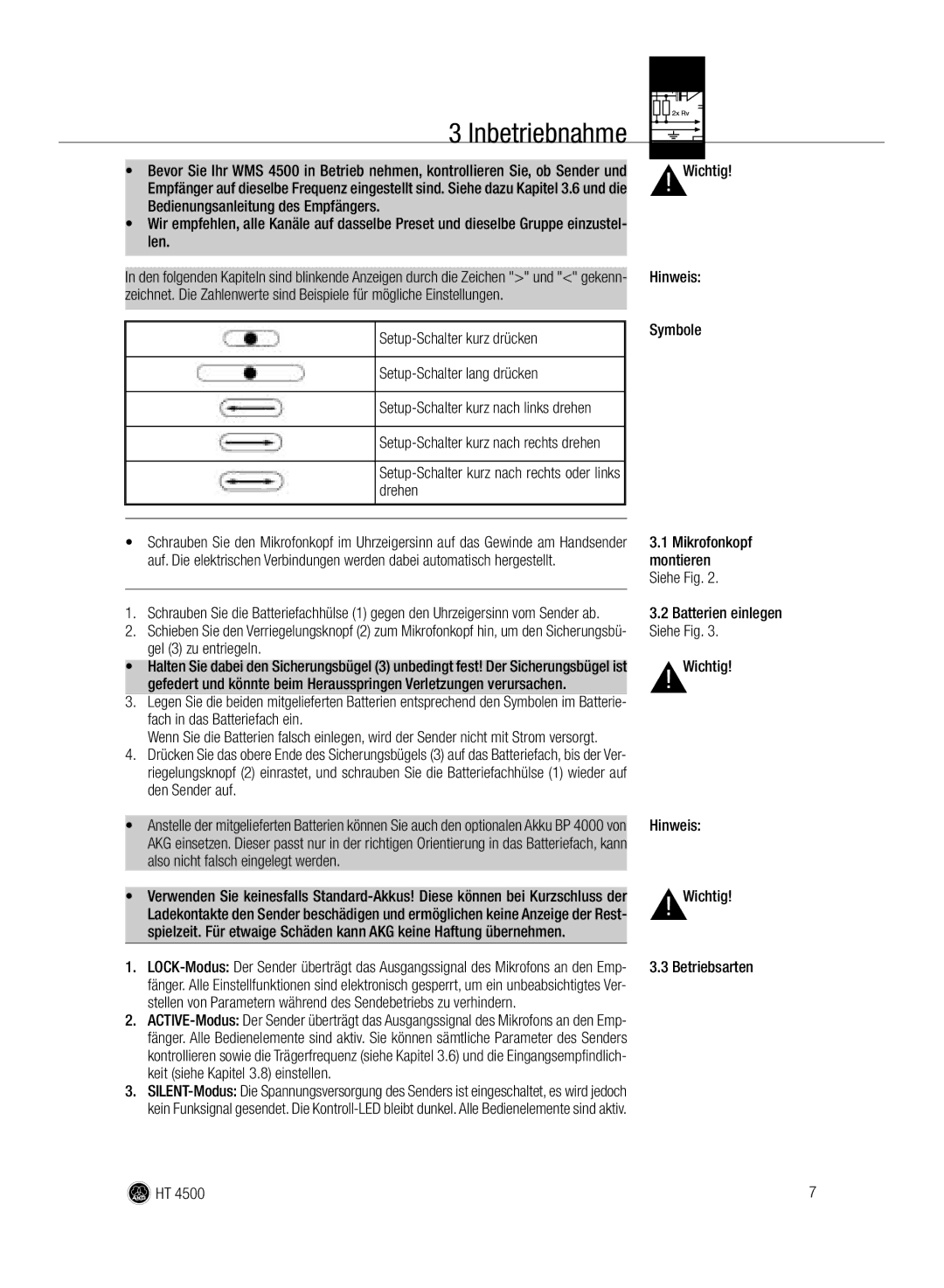 AKG Acoustics HT 4500 manual Inbetriebnahme, Setup-Schalter kurz drücken Setup-Schalter lang drücken, Hinweis Symbole 