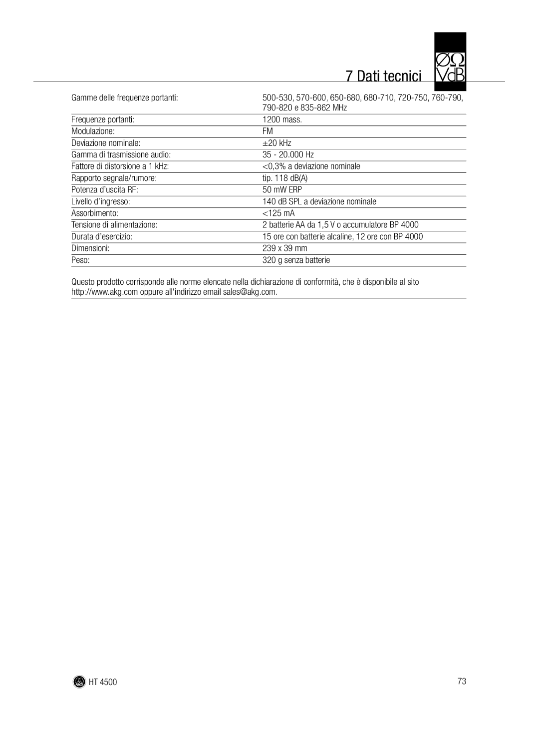 AKG Acoustics HT 4500 manual Gamme delle frequenze portanti, 790-820 e 835-862 MHz 