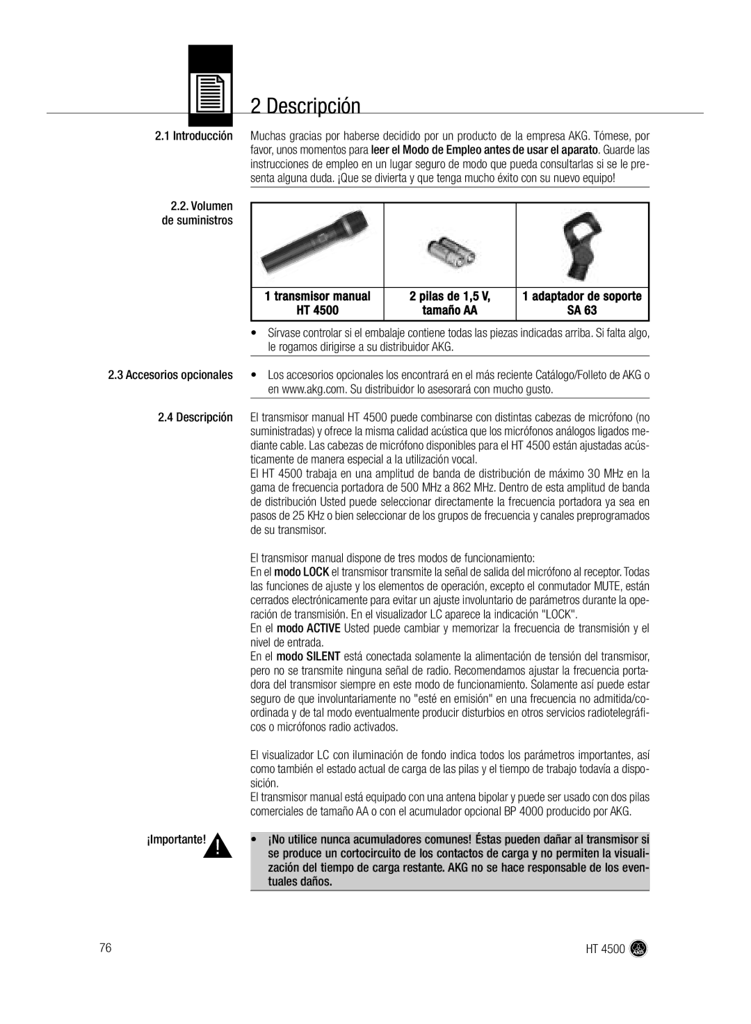 AKG Acoustics HT 4500 manual Descripción, Introducción 