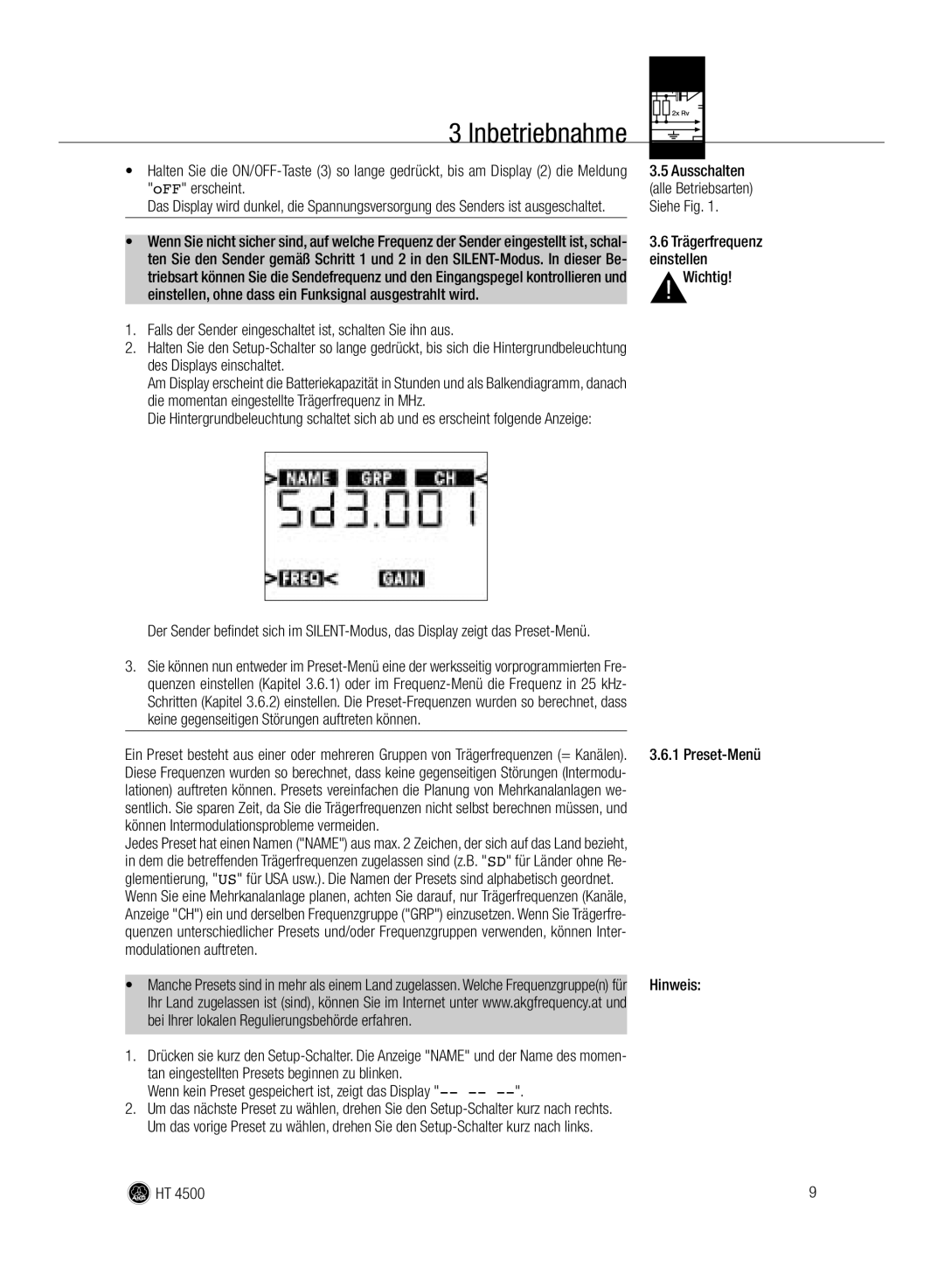 AKG Acoustics HT 4500 manual Inbetriebnahme 