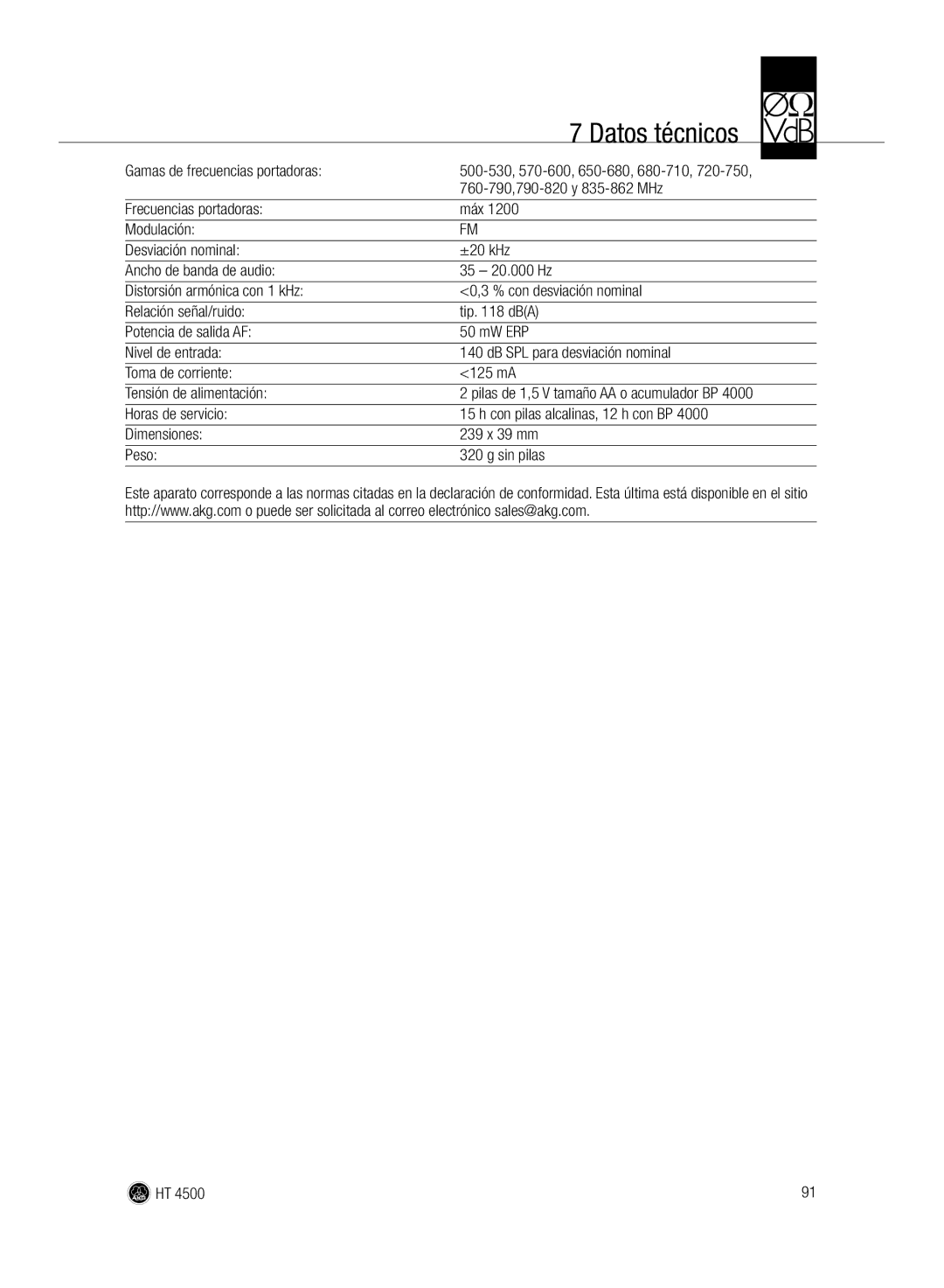 AKG Acoustics HT 4500 manual Datos técnicos, Gamas de frecuencias portadoras 
