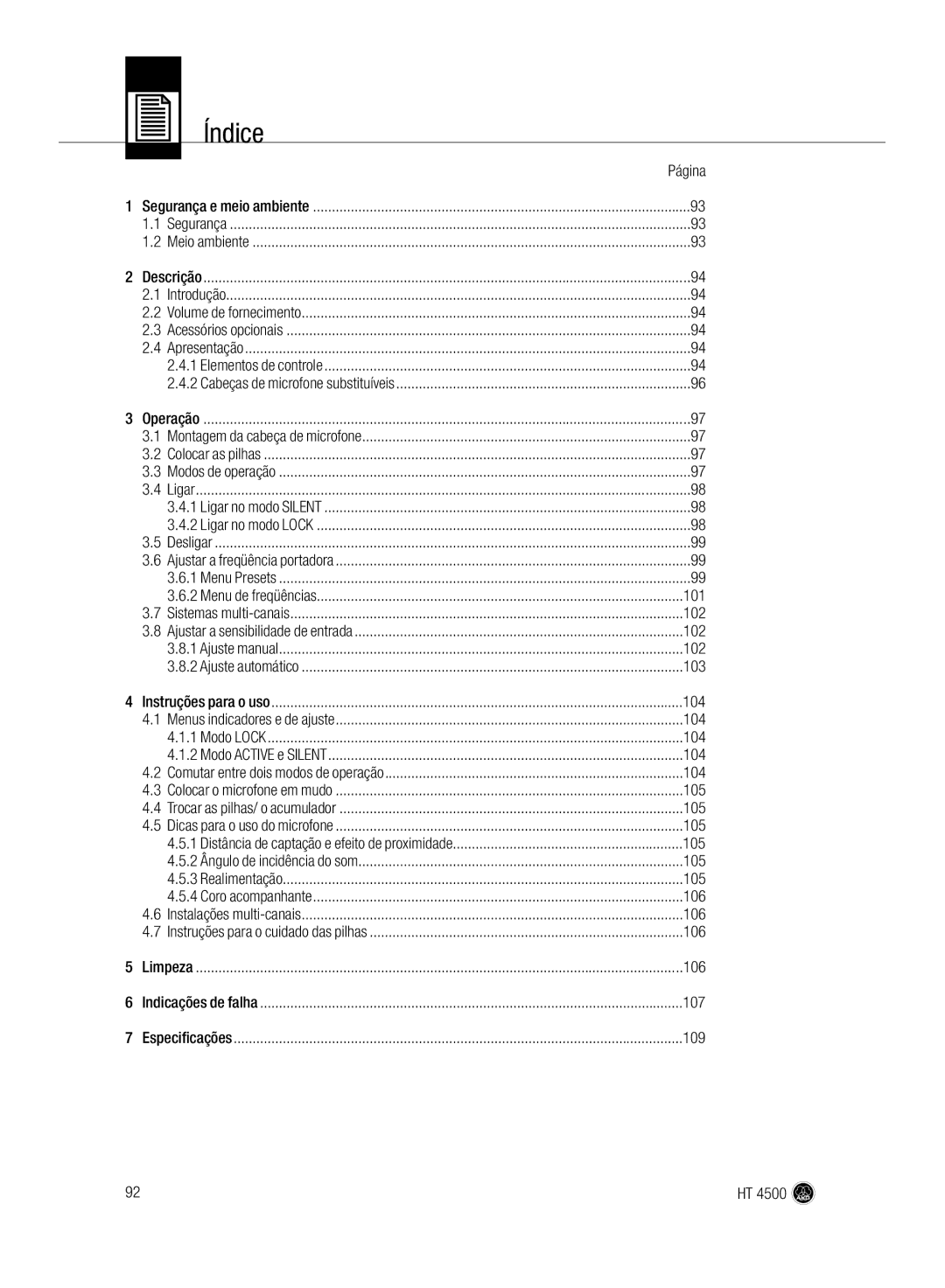 AKG Acoustics HT 4500 manual 101, 102, 103, 104, 105, 106, 107, 109 