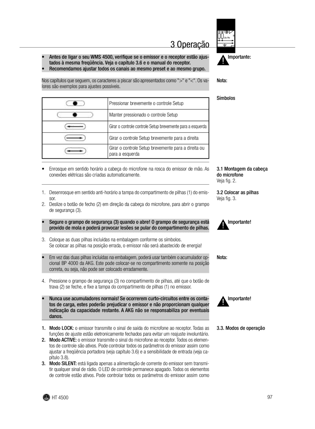 AKG Acoustics HT 4500 manual Operação, Pítulo 