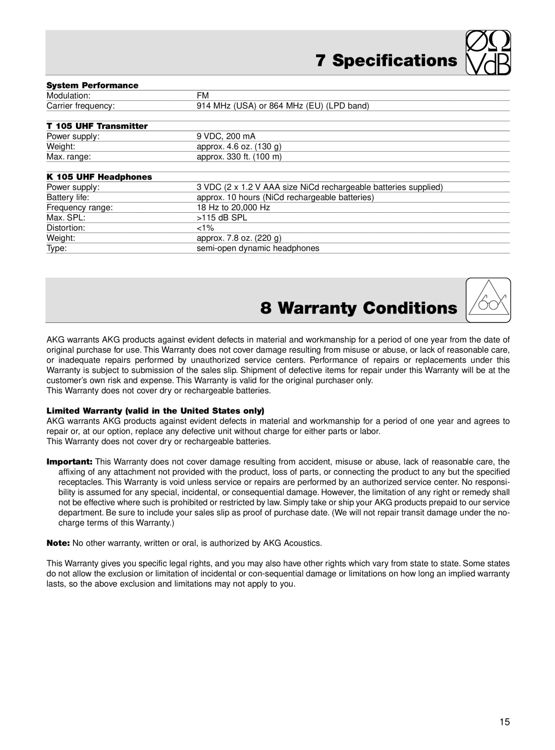 AKG Acoustics K 105 UHF manual Specifications, Warranty Conditions 