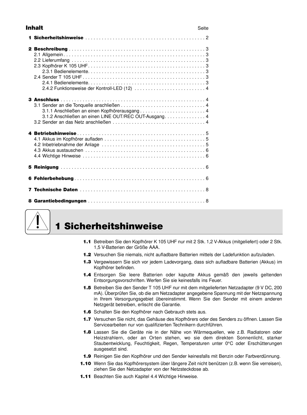 AKG Acoustics K 105 UHF manual Sicherheitshinweise, Anschluss 3.1 Sender an die Tonquelle anschließen 