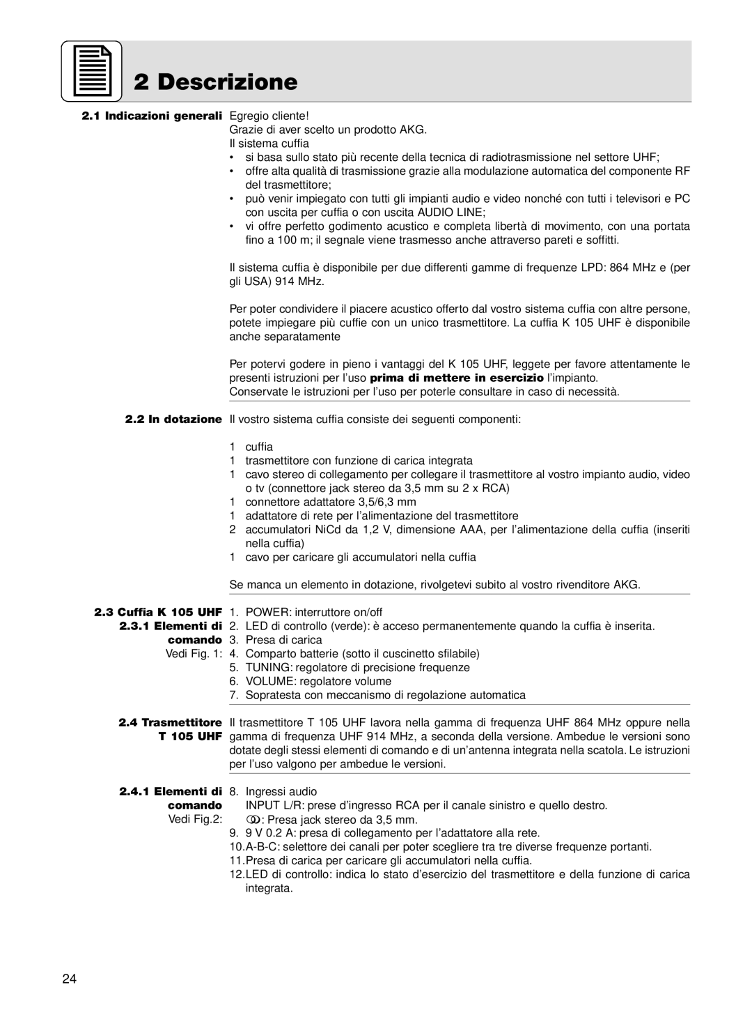 AKG Acoustics K 105 UHF manual Descrizione, Indicazioni generali Egregio cliente 