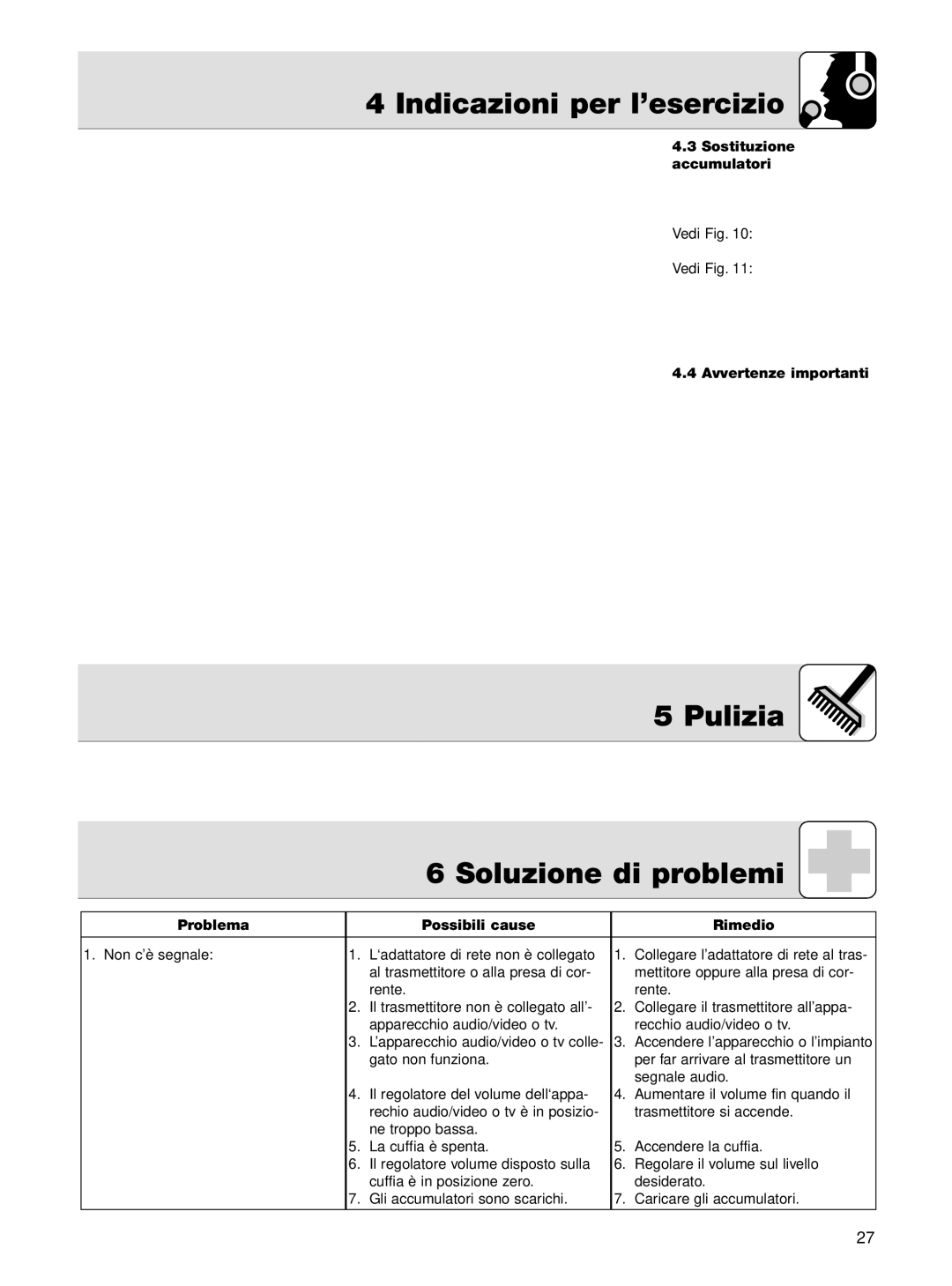 AKG Acoustics K 105 UHF manual Pulizia Soluzione di problemi, Sostituzione accumulatori, Avvertenze importanti 