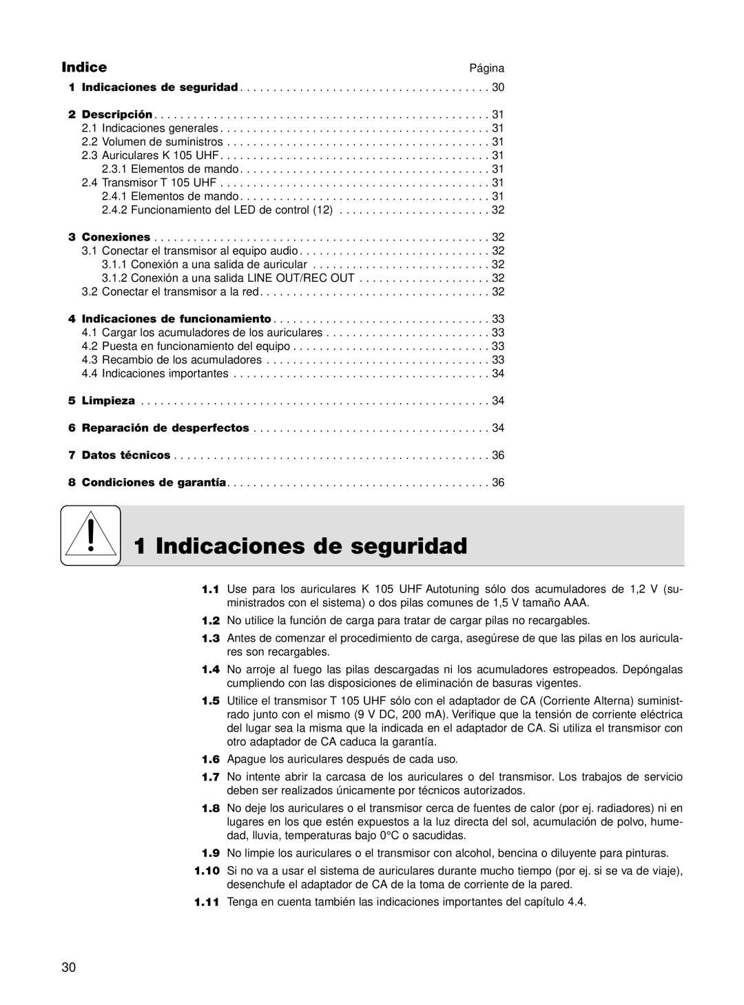 AKG Acoustics K 105 UHF manual Indicaciones de seguridad 