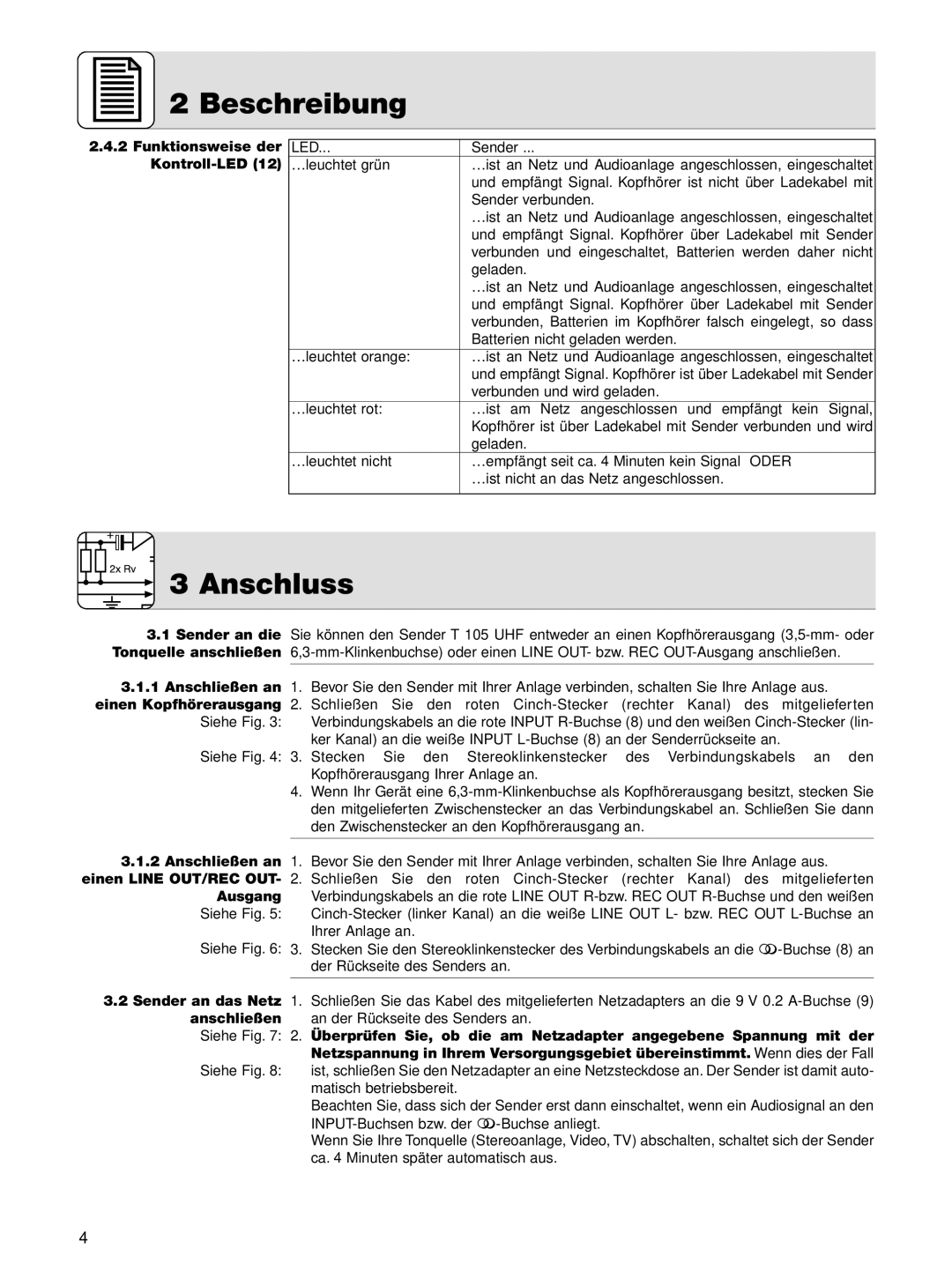 AKG Acoustics K 105 UHF manual Anschluss, Funktionsweise der, Kontroll-LED, Einen Kopfhörerausgang, Ausgang 