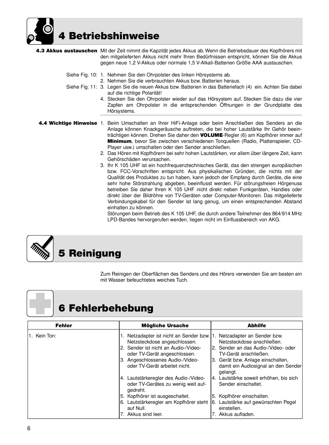 AKG Acoustics K 105 UHF manual Reinigung, Fehlerbehebung, Fehler Mögliche Ursache Abhilfe 