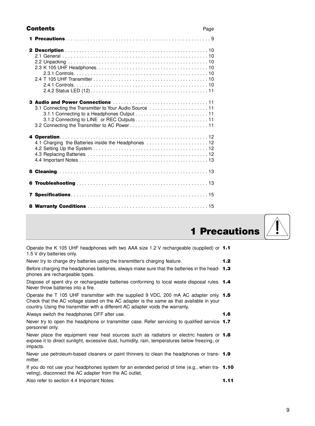 AKG Acoustics K 105 UHF manual Precautions, Contents 