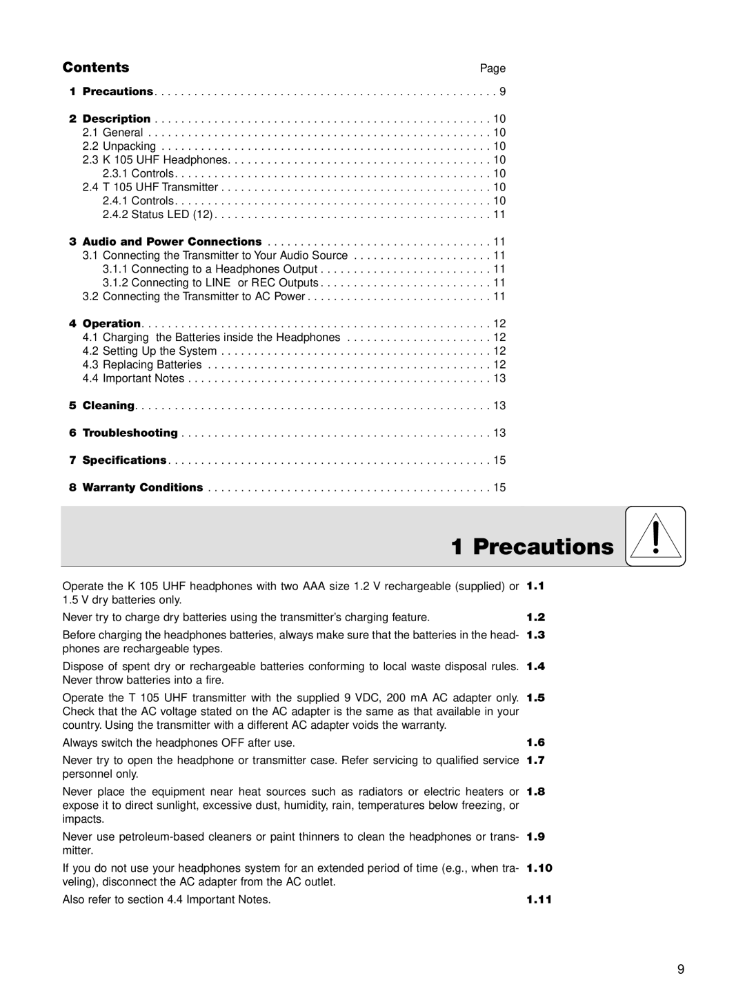 AKG Acoustics K 105 UHF manual Precautions, Contents, 1.10, 1.11 