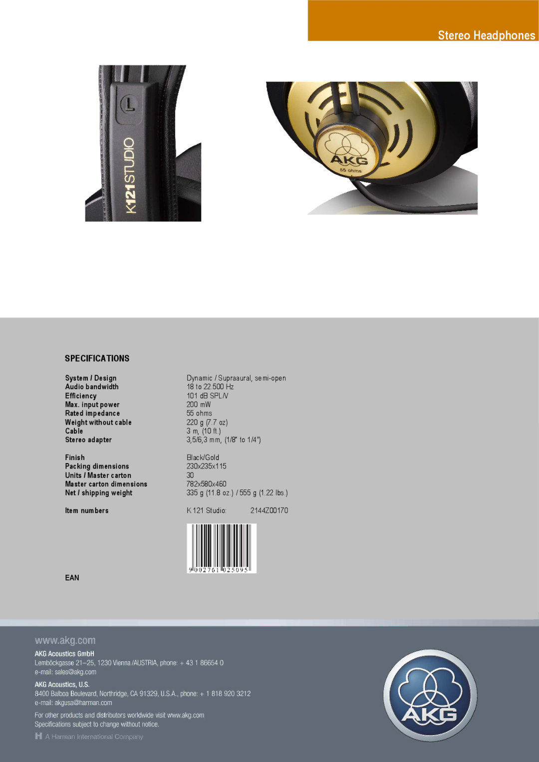 AKG Acoustics K 121 Studio manual Specifications 