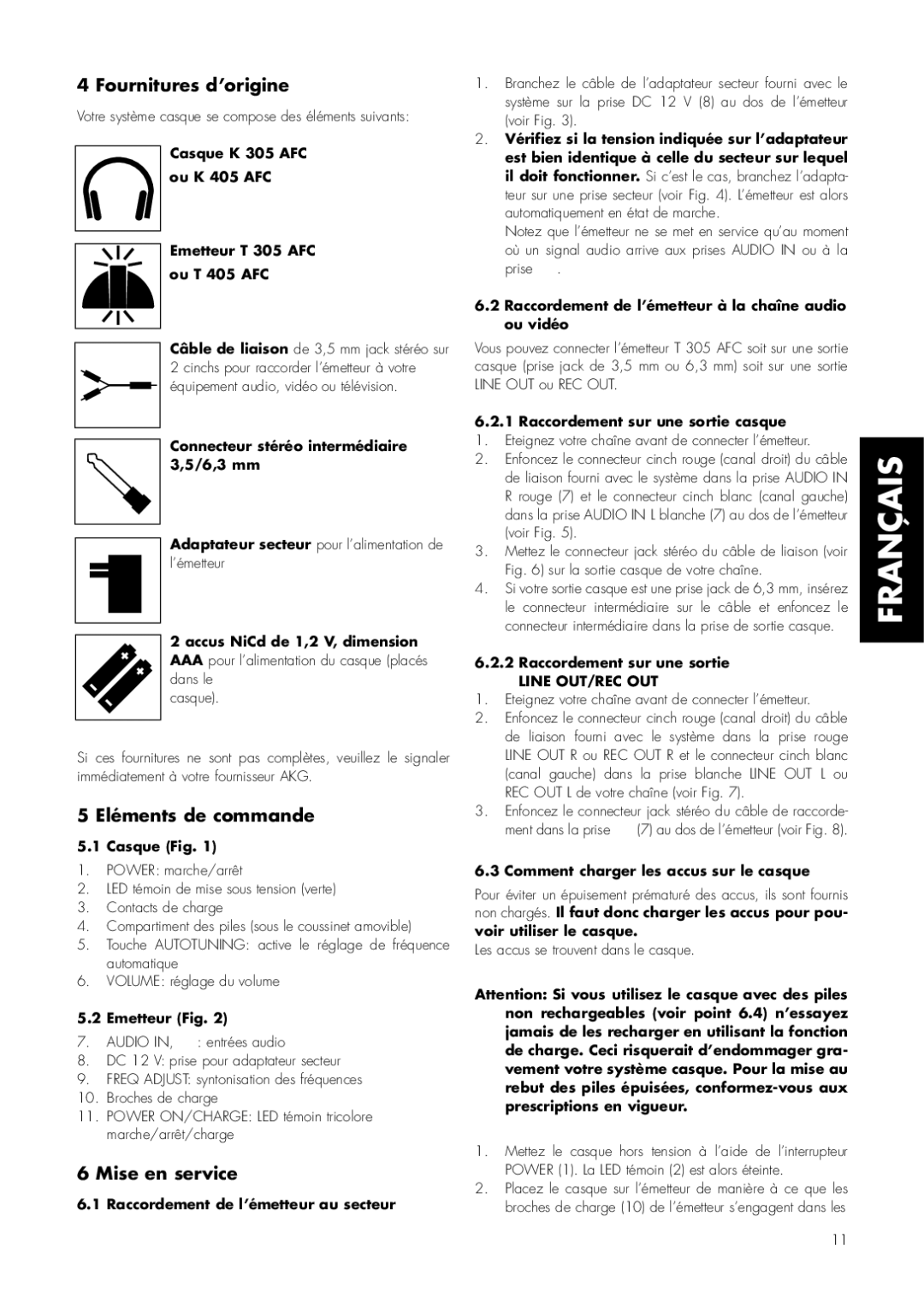 AKG Acoustics K 405 AFC, K 305 AFC manual Français, Fournitures d’origine, Eléments de commande, Mise en service 