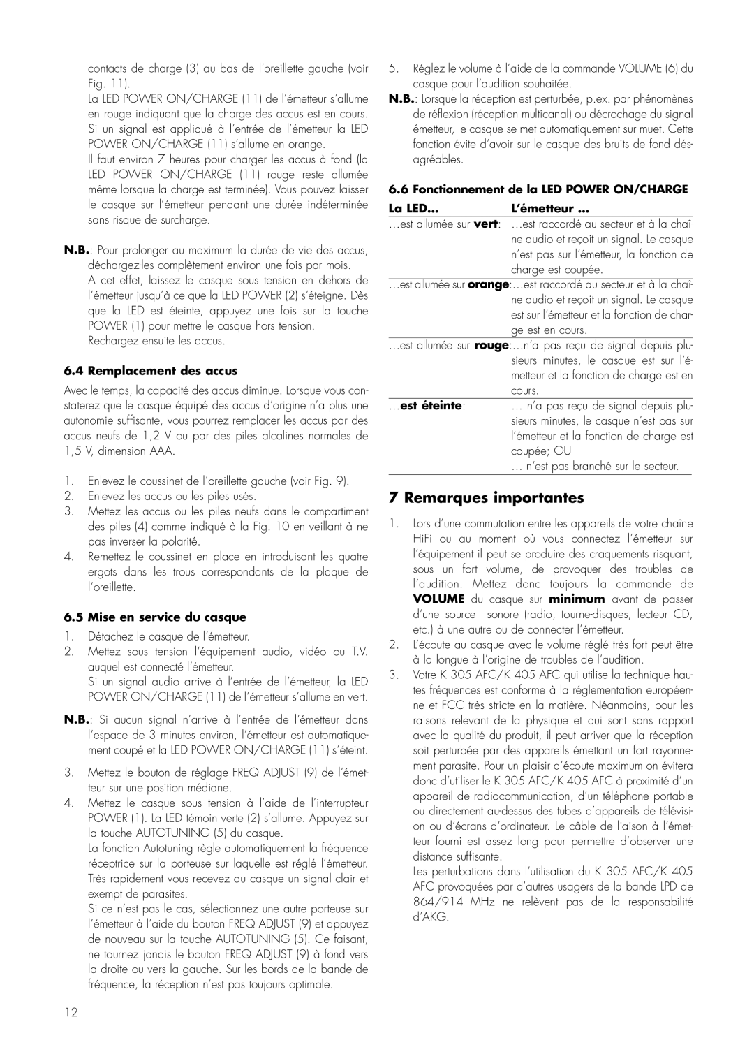 AKG Acoustics K 305 AFC, K 405 AFC manual Remarques importantes, Contacts de charge 3 au bas de l’oreillette gauche voir Fig 