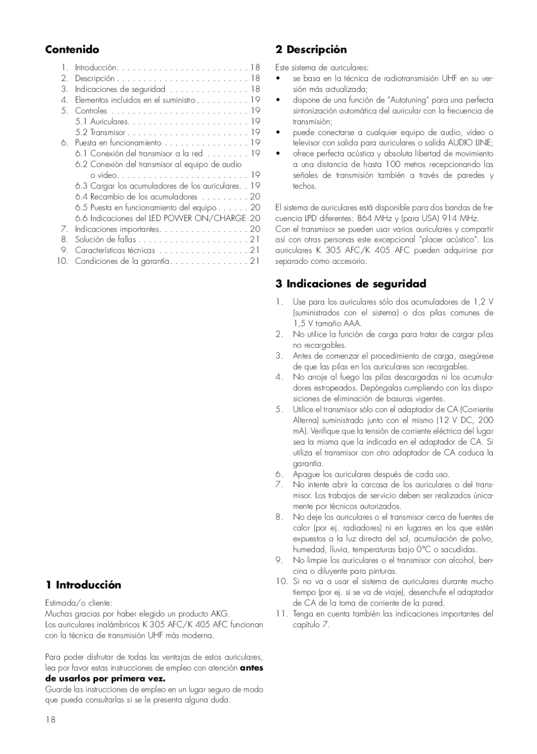 AKG Acoustics K 305 AFC, K 405 AFC manual Contenido Descripción, Introducción, Indicaciones de seguridad 