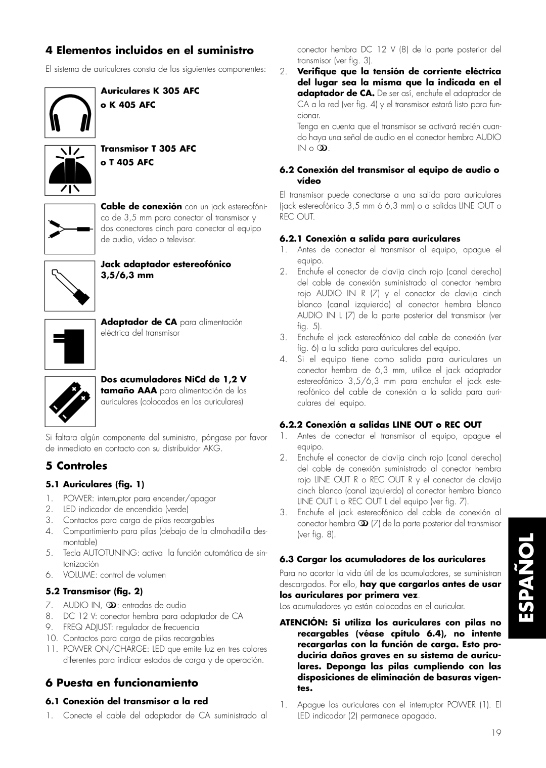 AKG Acoustics K 405 AFC, K 305 AFC manual Español, Elementos incluidos en el suministro, Controles, Puesta en funcionamiento 