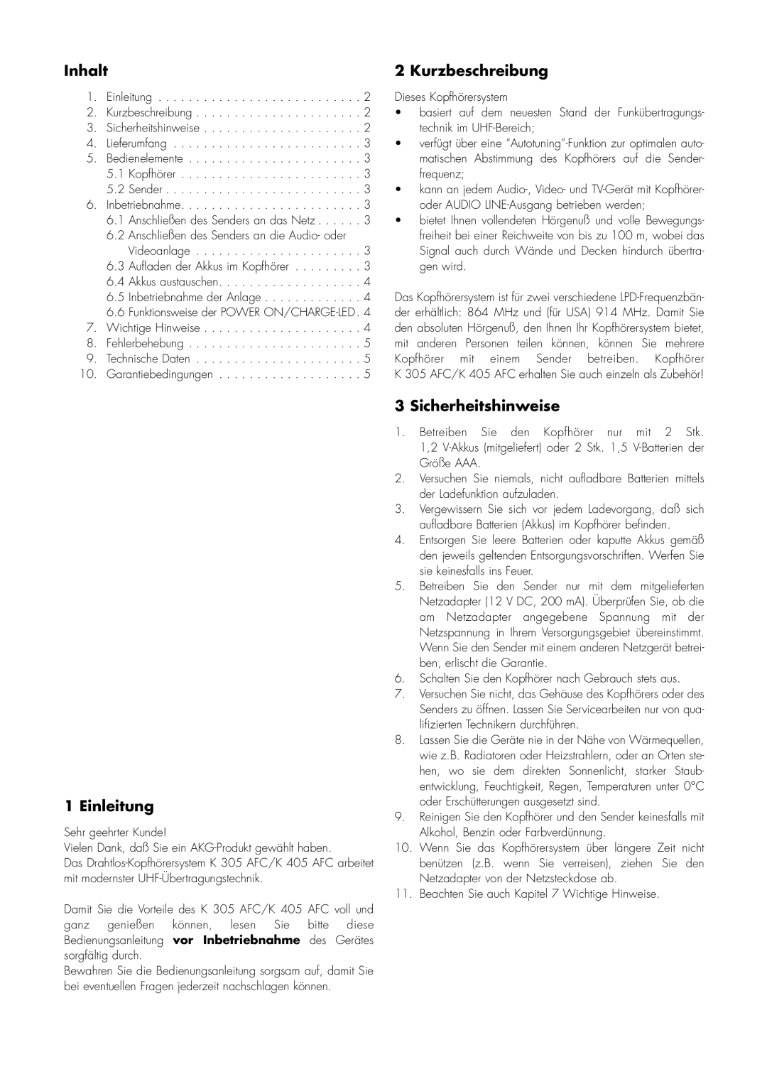 AKG Acoustics K 305 AFC, K 405 AFC manual Inhalt Kurzbeschreibung, Einleitung, Sicherheitshinweise 