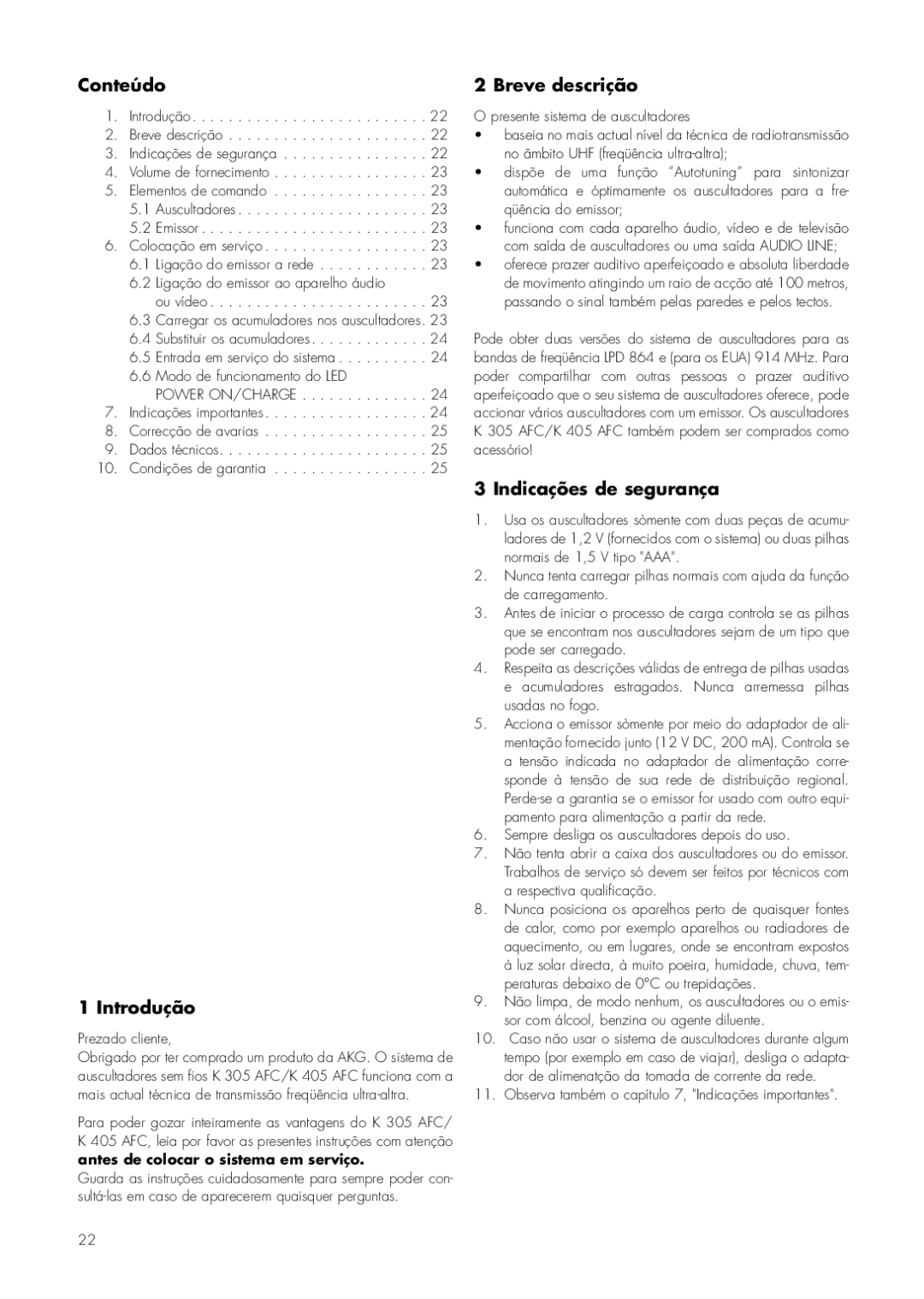 AKG Acoustics K 305 AFC, K 405 AFC manual Conteúdo, Introdução, Breve descrição, Indicações de segurança 