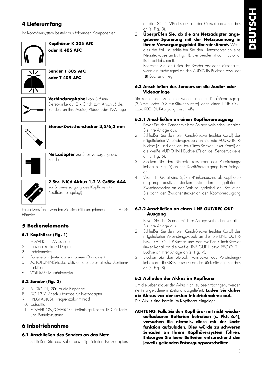 AKG Acoustics K 405 AFC, K 305 AFC manual Deutsch, Lieferumfang, Bedienelemente, Inbetriebnahme 