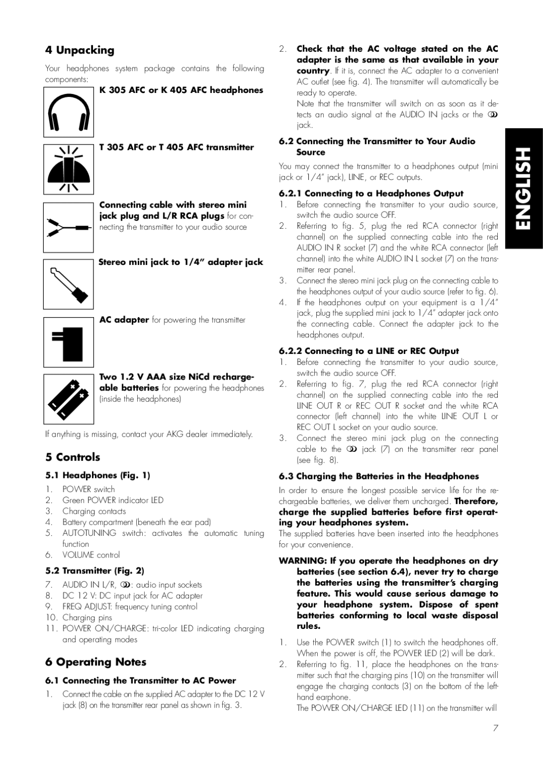 AKG Acoustics K 405 AFC, K 305 AFC manual English, Unpacking, Controls, Operating Notes 