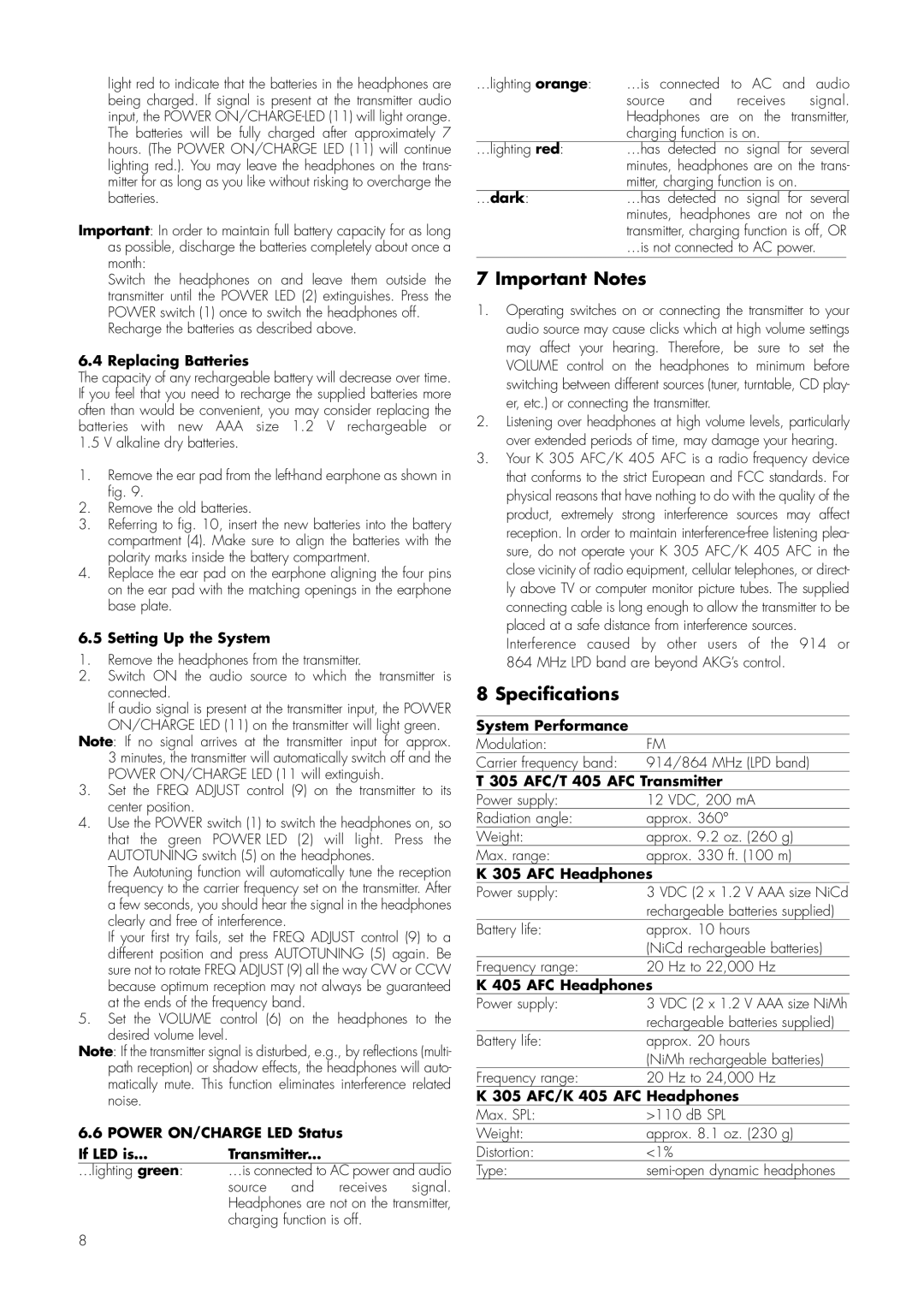 AKG Acoustics K 305 AFC, K 405 AFC manual Important Notes, Specifications 