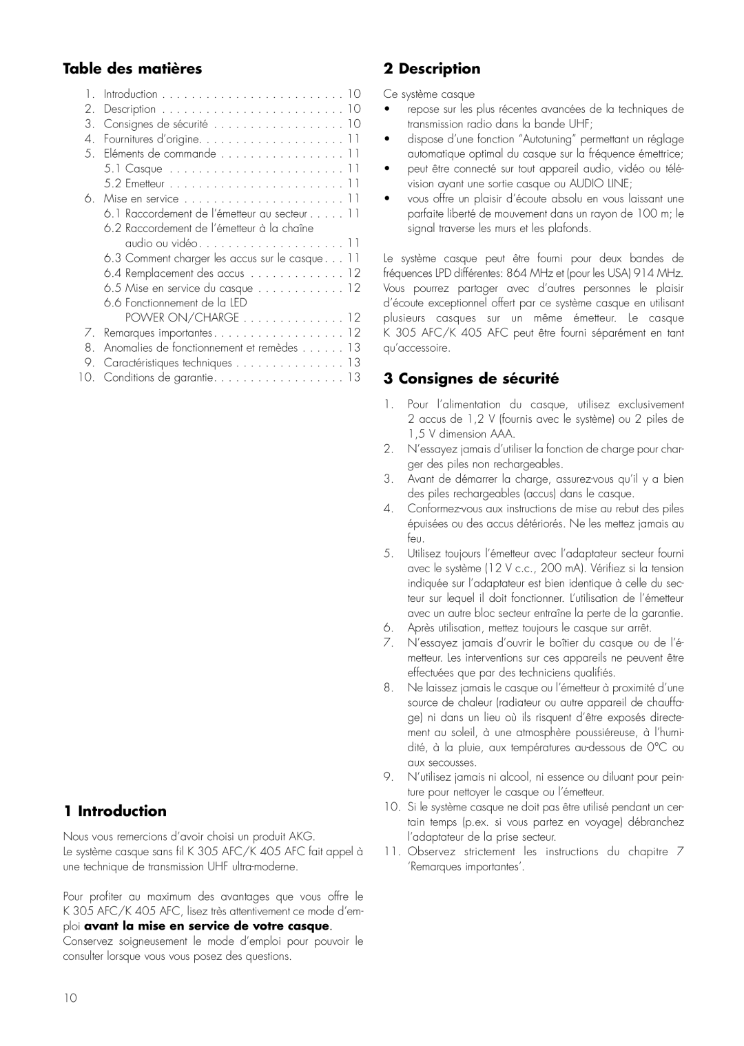 AKG Acoustics K 305 AFC, K 405 AFC manual Table des matières, Consignes de sécurité, Introduction, Description 